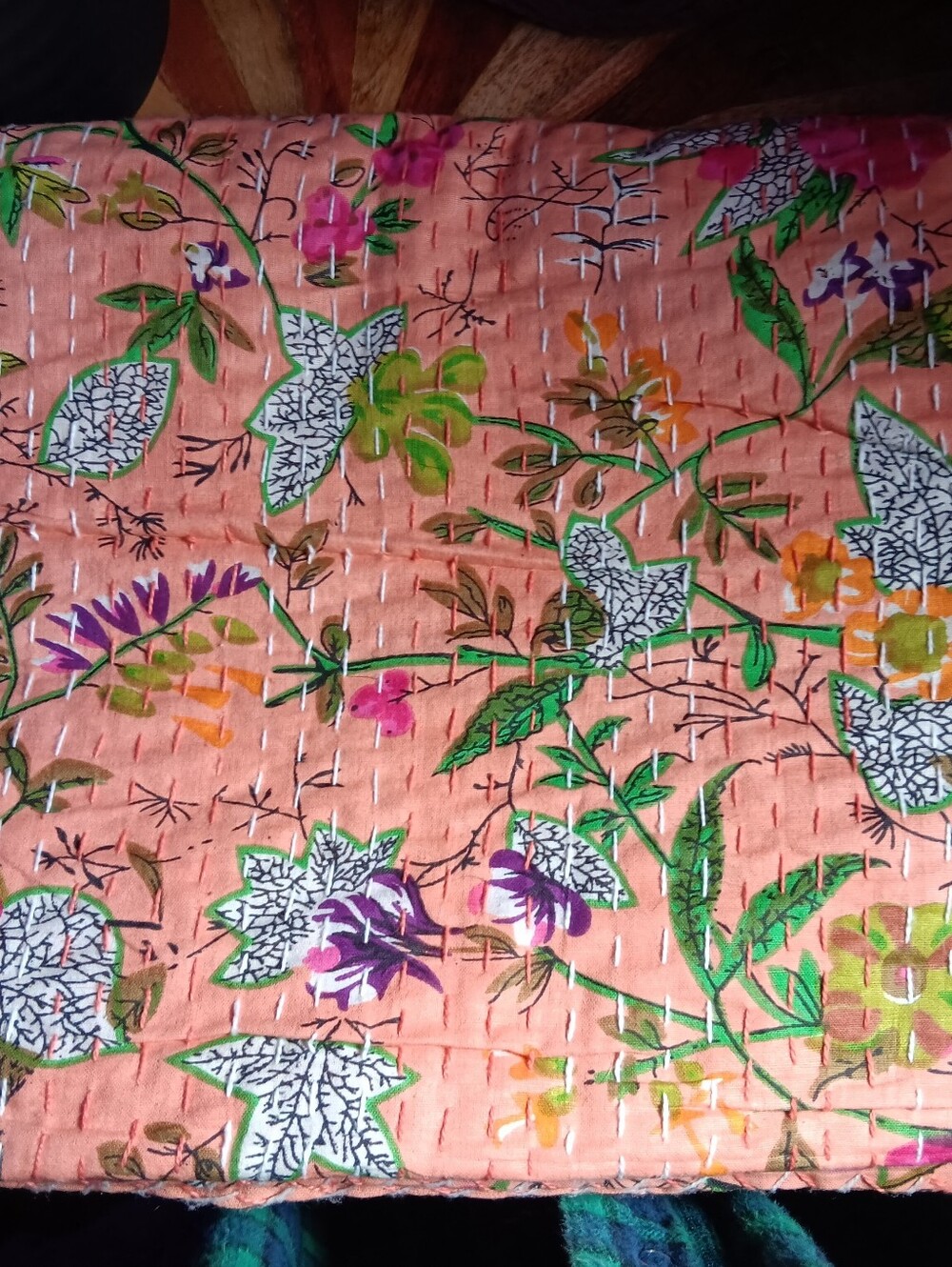 Floral Kantha Quilt Bedspread in Peach with Green Accents